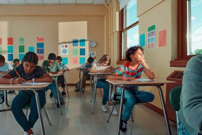 Classroom scene featuring diverse middle school students at desks writing during class, with sunlight and a window in the background.
